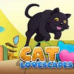Fekete macska ugrik vidáman egy színes, szobabelsőt ábrázoló háttér előtt, alatta CAT LOVESCAPES felirat