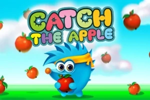 Egy kék, tüskés szörnyecske sárga fejkendőben tart egy piros almát, körülötte több alma lebeg, és színes betűkkel az van írva: Catch the Apple