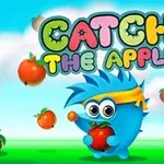 Egy kék, tüskés szörnyecske sárga fejkendőben tart egy piros almát, körülötte több alma lebeg, és színes betűkkel az van írva: Catch the Apple