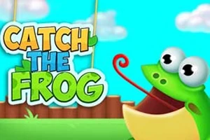 Zöld béka képregényszerűen ábrázolva, nagy szemekkel és kiöltött nyelvvel, a Catch the Frog felirat mellett kék ég és felhők háttérrel