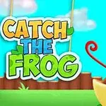Zöld béka képregényszerűen ábrázolva, nagy szemekkel és kiöltött nyelvvel, a Catch the Frog felirat mellett kék ég és felhők háttérrel