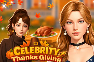 Két elegánsan öltözött nő portréja őszi levelekkel, sült pulykával és „Celebrity Thanksgiving felirattal