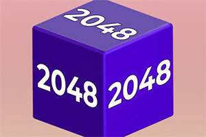 Lila kocka a 2048 számmal mindhárom látható oldalán, rózsaszínes háttérrel