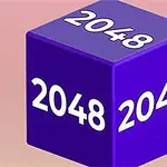 Lila kocka a 2048 számmal mindhárom látható oldalán, rózsaszínes háttérrel