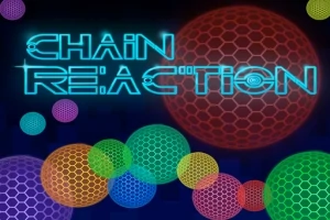 Neon színű hatszögekkel borított gömbök és CHAIN REACTION felirat sötét háttérrel