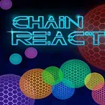 Neon színű hatszögekkel borított gömbök és CHAIN REACTION felirat sötét háttérrel