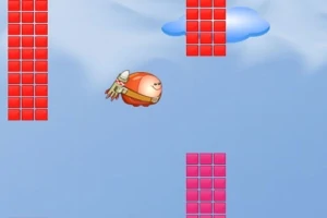 Egy rajzfilmszerű, jetpackkel rendelkező figura lebeg a képen, miközben piros téglalap alakú akadályok között navigál egy kék, felhős háttér előtt