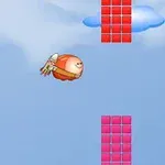 Egy rajzfilmszerű, jetpackkel rendelkező figura lebeg a képen, miközben piros téglalap alakú akadályok között navigál egy kék, felhős háttér előtt