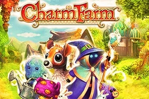Charm Farm Varázslóruhás figura és különféle varázslények állnak egy színes, mesés táj előtt
