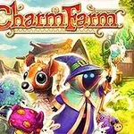 Charm Farm Varázslóruhás figura és különféle varázslények állnak egy színes, mesés táj előtt
