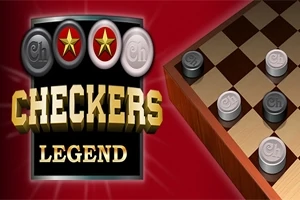 Sakktáblás játékelemek piros háttérrel, mellette a CHECKERS LEGEND felirat
