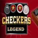 Sakktáblás játékelemek piros háttérrel, mellette a CHECKERS LEGEND felirat