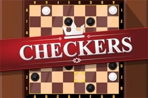 A kép egy sakktáblára emlékeztető táblát ábrázol fehér és fekete korongokkal, középen egy nagy, piros szalaggal és rajta a CHECKERS felirattal