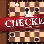 A kép egy sakktáblára emlékeztető táblát ábrázol fehér és fekete korongokkal, középen egy nagy, piros szalaggal és rajta a CHECKERS felirattal