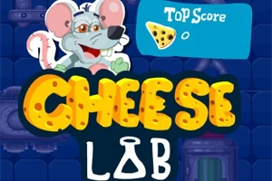 Egér karakter és „Cheese Lab” felirat színes háttérrel