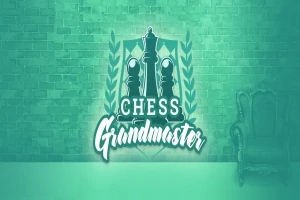 Zöld háttér előtt egy sakk témájú logó látható, amelyen sakkfigurák, babérlevelek és a Chess Grandmaster felirat szerepel egy díszes fotel mellett