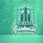 Zöld háttér előtt egy sakk témájú logó látható, amelyen sakkfigurák, babérlevelek és a Chess Grandmaster felirat szerepel egy díszes fotel mellett