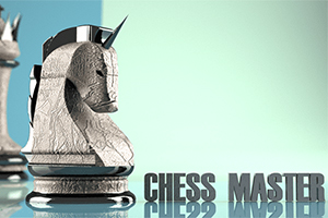 Fémes ló figura egy sakktáblán, fényes felülettel, mellette a CHESS MASTER felirat