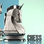Fémes ló figura egy sakktáblán, fényes felülettel, mellette a CHESS MASTER felirat