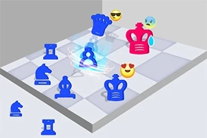 Kék és piros sakkszerű figurák egy sakktáblaszerű felületen, különböző érzelmeket kifejező emojikkal körülvéve