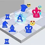 Kék és piros sakkszerű figurák egy sakktáblaszerű felületen, különböző érzelmeket kifejező emojikkal körülvéve