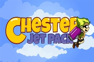 Rajzfilmfigura zöld hajjal és rakétahátizsákkal repül, mögötte nagy, színes betűkkel írt „Chester Jet Pack” felirat, kék égre festett felhők előtt