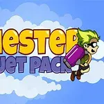 Rajzfilmfigura zöld hajjal és rakétahátizsákkal repül, mögötte nagy, színes betűkkel írt „Chester Jet Pack” felirat, kék égre festett felhők előtt