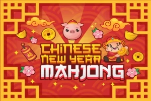 Disznó rajzfigura, aranytallérok, lótusz virágok és tüzijáték körítik a Chinese New Year Mahjong feliratot piros háttér előtt