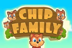 Négy mókus nagy betűkkel írt fa táblát tart, rajta CHIP FAMILY felirattal, kék ég és zöld lombok előtt
