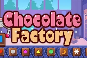 A képen egy Chocolate Factory felirat látható színes, játékos betűtípussal, háttérben egy gyár ablakai és műszerfal gombokkal