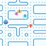 Kék labirintusban különböző színű rovarok és egy kis robot látható, amely egy sárga pont felé halad