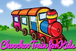 Színes rajzfilmvonat zöld mezőn, kék éggel és felhőkkel, alatta Choochoo Train for Kids felirattal