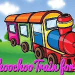 Színes rajzfilmvonat zöld mezőn, kék éggel és felhőkkel, alatta Choochoo Train for Kids felirattal
