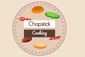 Hamburger hozzávalókat és a Chopstick Cooking feliratot tartalmazó illusztráció