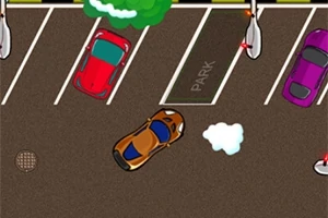 Egy légifotó egy parkolóról, ahol piros, lila és narancssárga autók láthatók különböző parkolóhelyeken, valamint egy felhő- vagy füst alakzat a narancssárga autó mellett