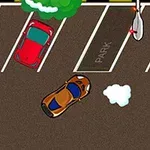Egy légifotó egy parkolóról, ahol piros, lila és narancssárga autók láthatók különböző parkolóhelyeken, valamint egy felhő- vagy füst alakzat a narancssárga autó mellett