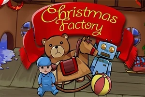 Játékok, mint egy mackó, egy hintaló, egy robot és egy bébi ülnek egy piros Christmas Factory felirat alatt