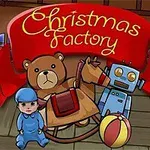 Játékok, mint egy mackó, egy hintaló, egy robot és egy bébi ülnek egy piros Christmas Factory felirat alatt