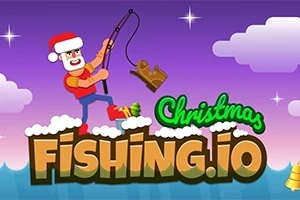Mikulás sapkát viselő figura horgászik egy lilás éjszakai égbolt előtt, mellette a Christmas Fishing