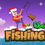 Mikulás sapkát viselő figura horgászik egy lilás éjszakai égbolt előtt, mellette a Christmas Fishing