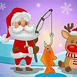Mikulás és egy rénszarvas közösen horgásznak egy aranyhalat, havas tájon, hópelyhekkel díszített háttér előtt