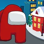 Egy piros, űrhajós alakú figura havas utcán, két karácsonyi dekorációval díszített ház között, háttérben éjszakai városképpel