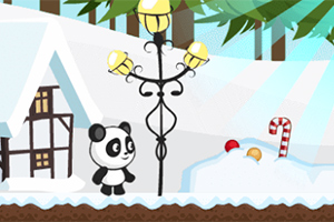 Panda áll egy havas tájon, mellette utcai lámpa és mézeskalács-szerű díszítés