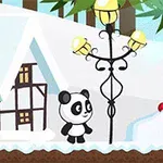 Panda áll egy havas tájon, mellette utcai lámpa és mézeskalács-szerű díszítés