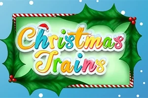 Színes „Christmas Trains” felirat karácsonyi dekorációval és magyal levelekkel díszítve