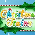 Színes „Christmas Trains” felirat karácsonyi dekorációval és magyal levelekkel díszítve