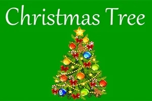 Christmas Tree Karácsonyfa színes díszekkel és csillaggal a tetején zöld háttér előtt