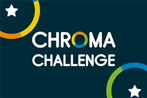 A Chroma Challenge felirat színes gyűrűkkel és csillagokkal sötét háttéren