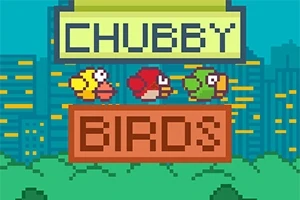 Három színes, pixelgrafikájú madár egy városi háttér előtt, a CHUBBY BIRDS felirat alatt