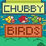 Három színes, pixelgrafikájú madár egy városi háttér előtt, a CHUBBY BIRDS felirat alatt